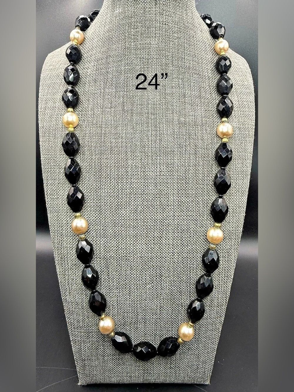 253. Vintage Black Faceted Bead & Cream Faux Pearl Strand Necklace